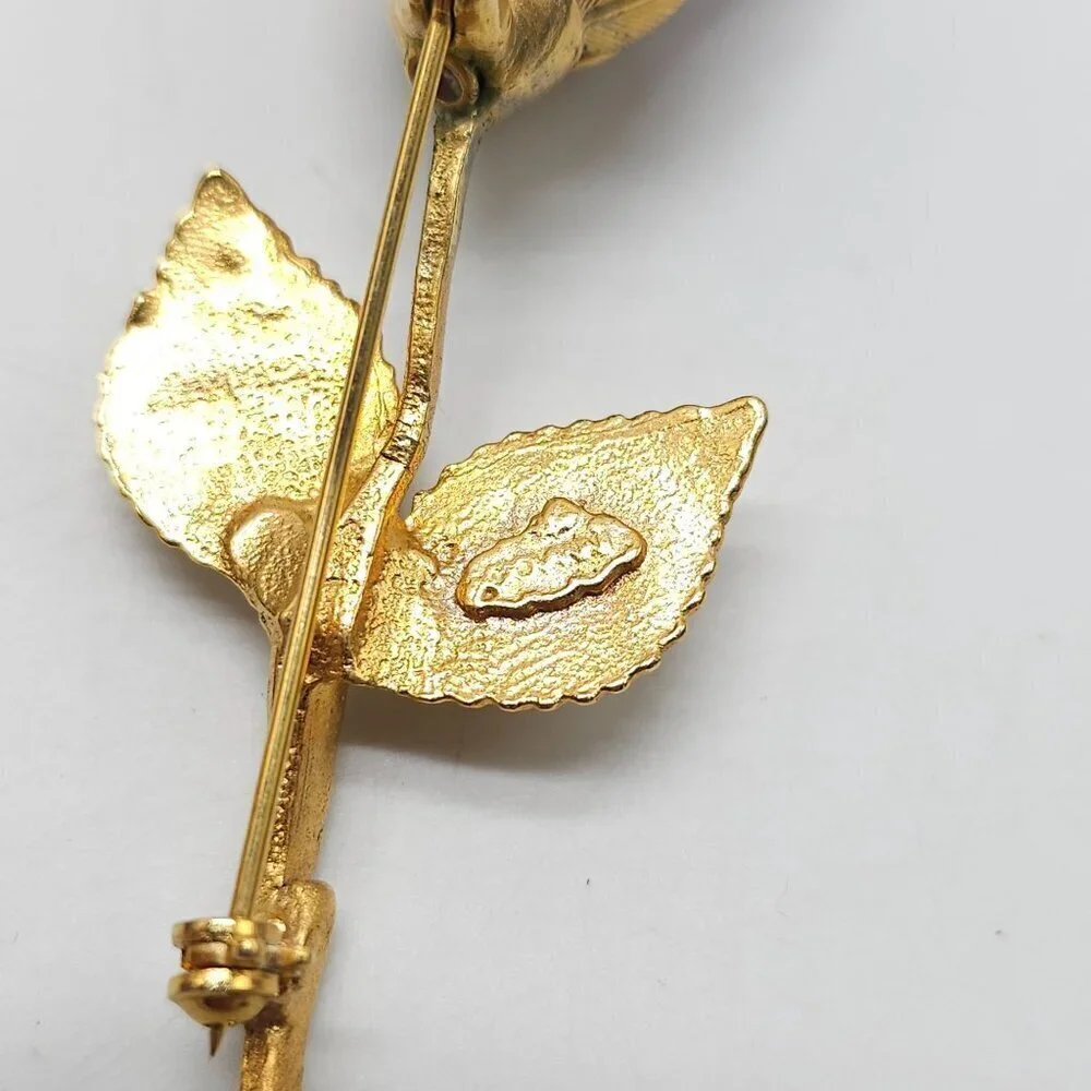 Vintage Giovanni Signed Red Rose Gold Tone Brooch 3 Inches